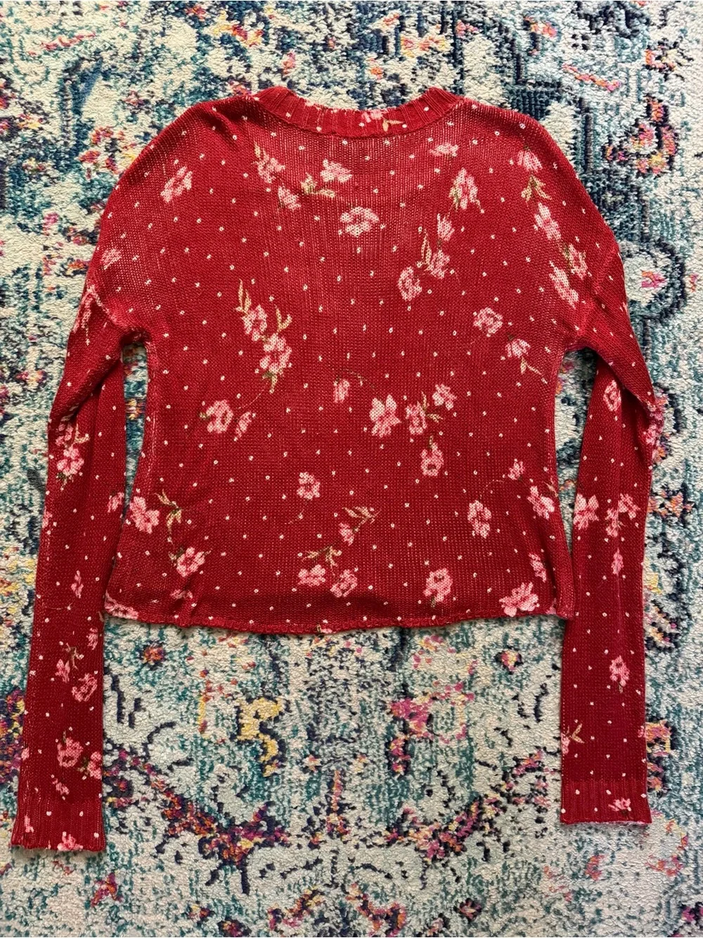 Show Me Your Mumu Dotcha Love Me Knit Cropped Varsity Sweater Red Floral S Boho